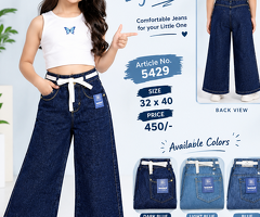BLUE18 Girls Wide-Leg Belted Denim Jeans – Relaxed Fit High-Waist Jeans for Kids (Art: 5429)